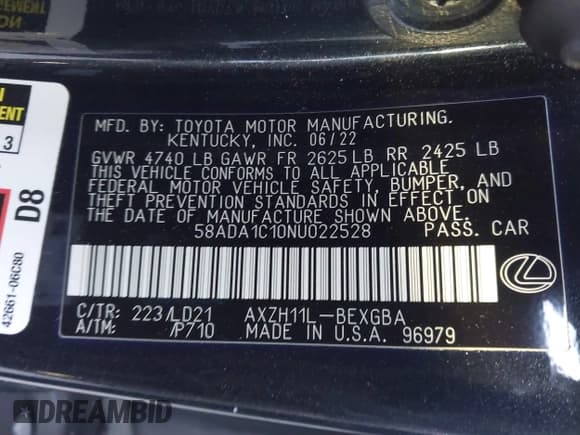 ✅ 2022 Lexus ES 300h • VIN: 58ADA1C10NU022528 • Lot: 41647127. Listed on IAAI with 96,439 mi. Free auction sales archive from the USA and detailed vehicle history report at DreamBid. Image 9.