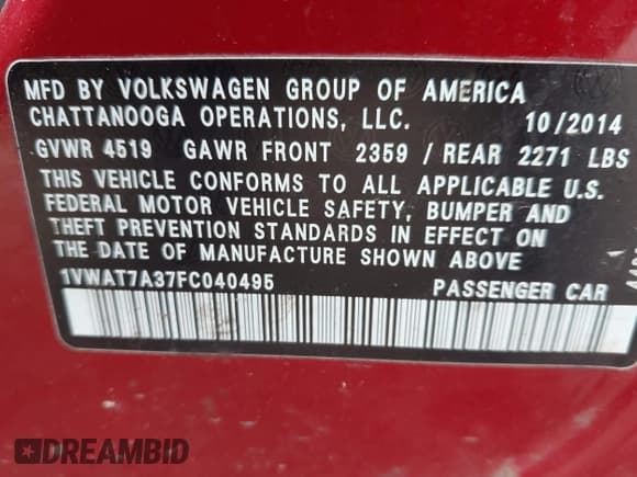 ✅ 2015 Volkswagen Passat Limited Edition • VIN: 1VWAT7A37FC040495 • Lot: 42228267. Listed on IAAI with 203,105 mi. Free auction sales archive from the USA and detailed vehicle history report at DreamBid. Image 9.