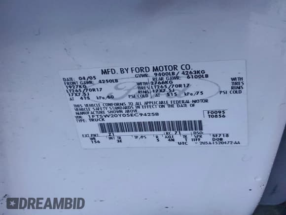 ✅ 2005 Ford F-250 • VIN: 1FTSW20Y05EC94258 • Lot: 95475105. Listed on Copart with Not provided. Free auction sales archive from the USA and detailed vehicle history report at DreamBid. Image 12.