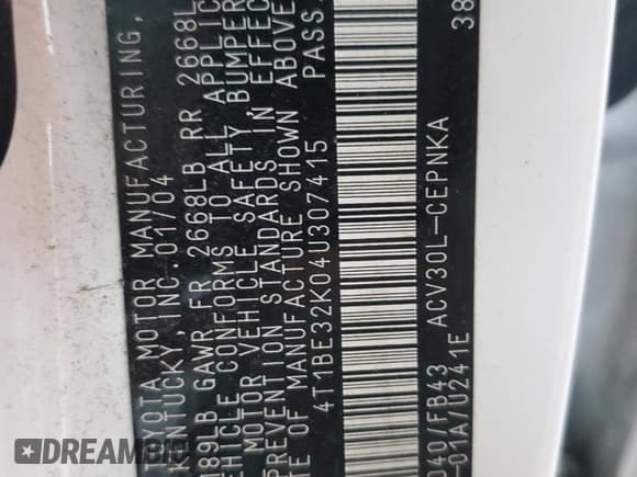 ✅ 2004 Toyota Camry SE • VIN: 4T1BE32K04U307415 • Lot: 93543885. Wystawiony na Copart z przebiegiem 178 394 mil. Bezpłatny archiwum sprzedaży aukcyjnych z USA i szczegółowy raport historii pojazdu na DreamBid. Zdjęcie 12.