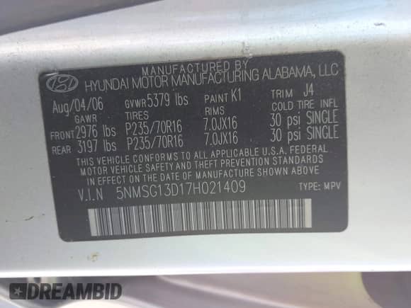 ✅ 2007 Hyundai Santa Fe GLS • VIN: 5NMSG13D17H021409 • Лот: 43616878. Размещён на IAAI с пробегом 92 850 миль миль. Получите бесплатный доступ к архиву аукционных продаж из США и посмотрите подробный отчёт об истории автомобиля на DreamBid. Изображение 9.