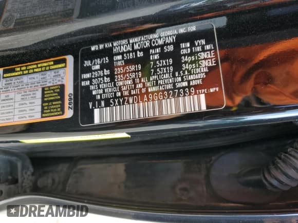 ✅ 2016 Hyundai Santa Fe • VIN: 5XYZWDLA9GG327339 • Лот: 64953293. Опубликован ранее на Copart с пробегом 97 626 миль. Бесплатный доступ к архиву аукционных продаж из США и подробный отчёт об истории автомобиля на DreamBid. Изображение 13.