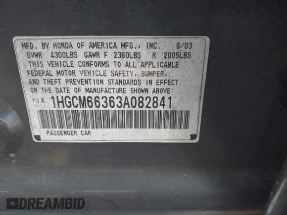 ✅ 2003 Honda Accord LX • VIN: 1HGCM66363A082841 • Lot: 41995498. Listed on IAAI with 304,968 mi. Free auction sales archive from the USA and detailed vehicle history report at DreamBid. Image 9.