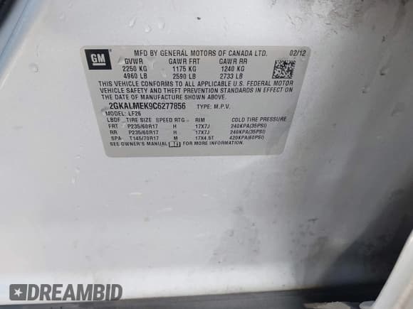 ✅ 2012 GMC Terrain SLE-1 • VIN: 2GKALMEK9C6277856 • Lot: 43551480. Listed on IAAI with 187,323 mi. Free auction sales archive from the USA and detailed vehicle history report at DreamBid. Image 9.