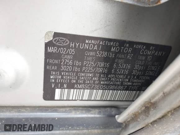 2005 Hyundai Santa Fe GLS z VIN KM8SC73E05U986867, wystawiony jako IAAI lot #42515369 z przebiegiem 102 738 mil mil oraz . Historia ofert i sprzedaży dostępna na DreamBid. Obrazek 9.