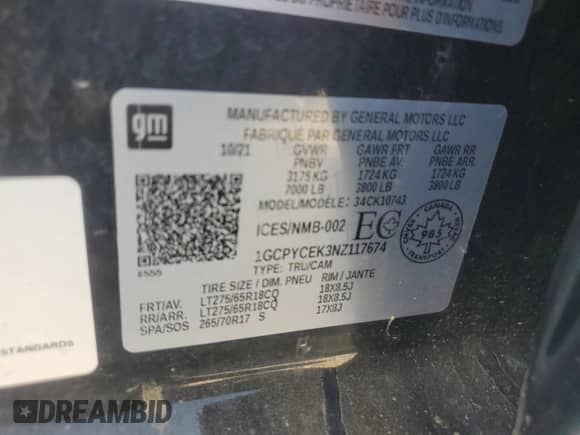 2022 Chevrolet Silverado 1500 Custom Trail Boss с VIN 1GCPYCEK3NZ117674, выставлен на аукционе Copart как лот 69622345 с пробегом 66 590 миль миль и Списание • Salvage title. История ставок и продаж доступна на DreamBid. Изображение 12.