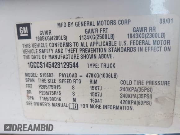 ✅ 2002 Chevrolet S-10 LS • VIN: 1GCCS145428129544 • Lot: 42294927. Listed on IAAI with 209,239 mi. Free auction sales archive from the USA and detailed vehicle history report at DreamBid. Image 9.