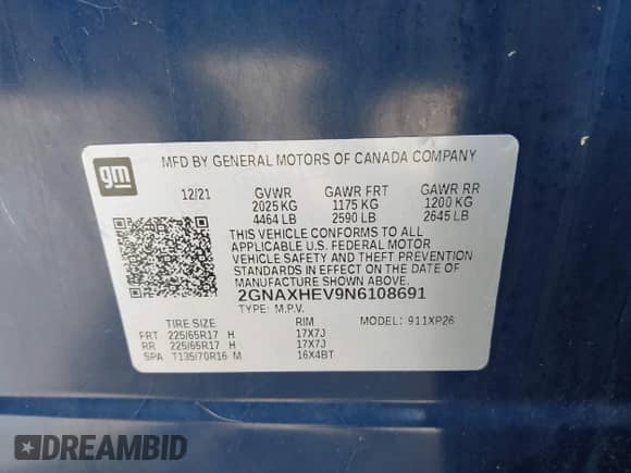 2022 Chevrolet Equinox LS with VIN 2GNAXHEV9N6108691, listed as a IAAI auction lot 43421600 with 23,330 mi miles and . Bid and sale history available at DreamBid. Image 9.