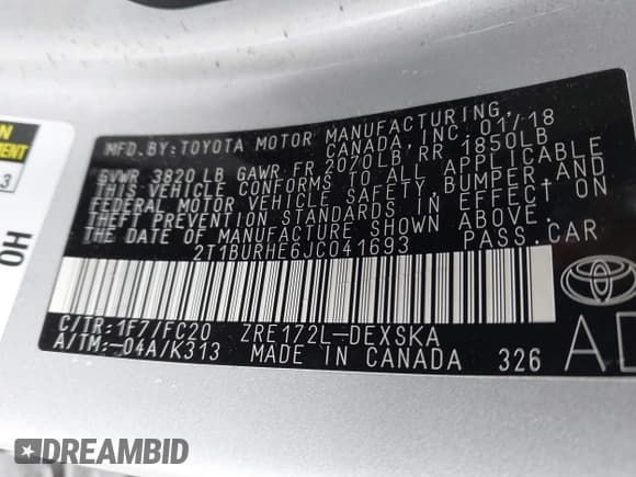 ✅ 2018 Toyota Corolla L • VIN: 2T1BURHE6JC041693 • Lot: 43773106. Listed on IAAI with 97,253 mi. Free auction sales archive from the USA and detailed vehicle history report at DreamBid. Image 9.