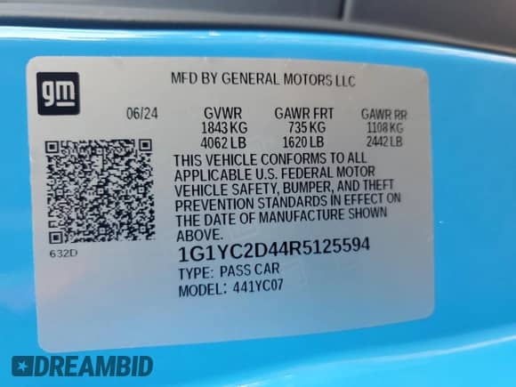 2024 Chevrolet Corvette 3LT с VIN 1G1YC2D44R5125594, выставлен на аукционе Copart как лот 71831804 с пробегом 975 миль миль и Списание • Salvage title. История ставок и продаж доступна на DreamBid. Изображение 12.