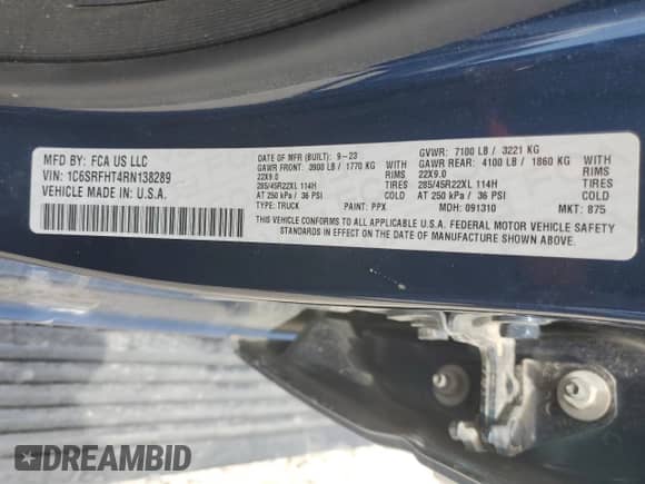 2024 Ram 1500 Limited with VIN 1C6SRFHT4RN138289, listed as a Copart auction lot 61088415 with 40,442 mi miles and Salvage title. Bid and sale history available at DreamBid. Image 12.