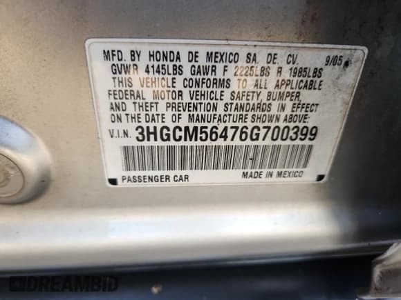 ✅ 2006 Honda Accord LX • VIN: 3HGCM56476G700399 • Лот: 71726315. Опубликован ранее на Copart с пробегом 179 765 миль. Бесплатный доступ к архиву аукционных продаж из США и подробный отчёт об истории автомобиля на DreamBid. Изображение 12.