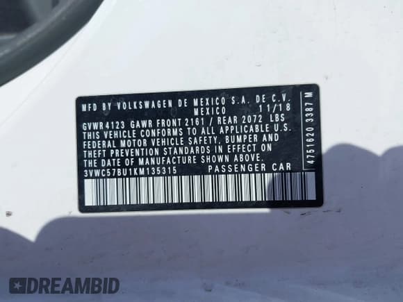 ✅ 2019 Volkswagen Jetta S • VIN: 3VWC57BU1KM135315 • Lot: 41685306. Listed on IAAI with 107,716 mi. Free auction sales archive from the USA and detailed vehicle history report at DreamBid. Image 9.