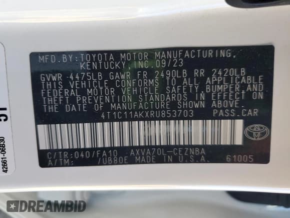 ✅ 2024 Toyota Camry LE • VIN: 4T1C11AKXRU853703 • Lot: 85907445. Listed on Copart with 18,193 mi. Free auction sales archive from the USA and detailed vehicle history report at DreamBid. Image 13.