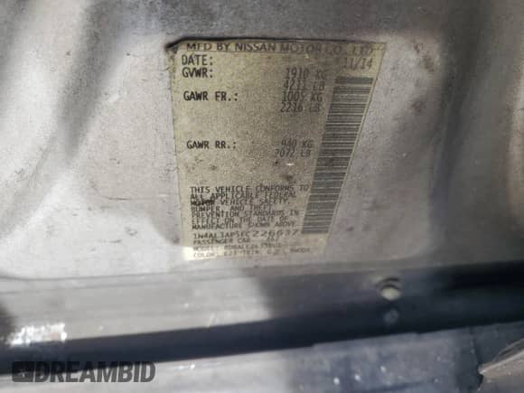 2015 Nissan Altima S with VIN 1N4AL3AP5FC226637, listed as a Copart auction lot 84176585 with 184,690 mi miles and Non repairable. Bid and sale history available at DreamBid. Image 12.