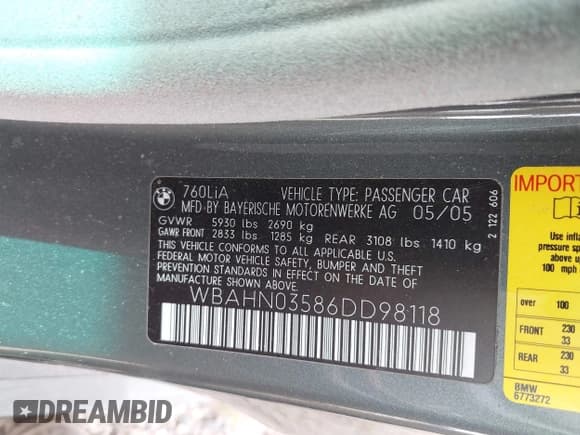 ✅ 2006 BMW 7 Series 760Li • VIN: WBAHN03586DD98118 • Lot: 42581262. Wystawiony na IAAI z przebiegiem Nie podano. Bezpłatny archiwum sprzedaży aukcyjnych z USA i szczegółowy raport historii pojazdu na DreamBid. Zdjęcie 9.