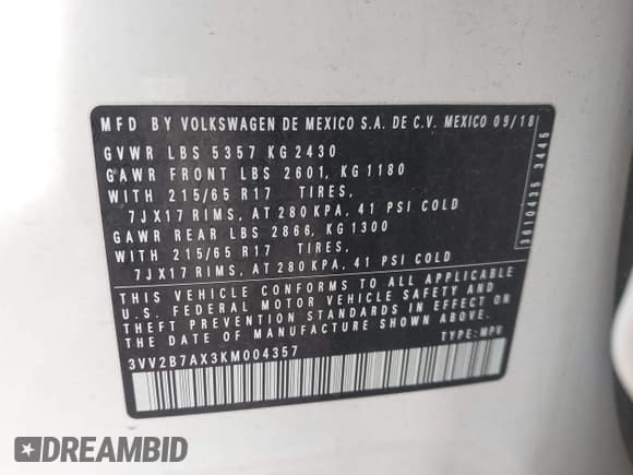 ✅ 2019 Volkswagen Tiguan SE • VIN: 3VV2B7AX3KM004357 • Lot: 43395115. Wystawiony na IAAI z przebiegiem 111 568 mil. Bezpłatny archiwum sprzedaży aukcyjnych z USA i szczegółowy raport historii pojazdu na DreamBid. Zdjęcie 9.