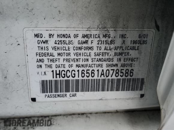 ✅ 2001 Honda Accord EX • VIN: 1HGCG16561A078586 • Лот: 93148835. Опубликован ранее на Copart с пробегом 153 820 миль. Бесплатный доступ к архиву аукционных продаж из США и подробный отчёт об истории автомобиля на DreamBid. Изображение 12.