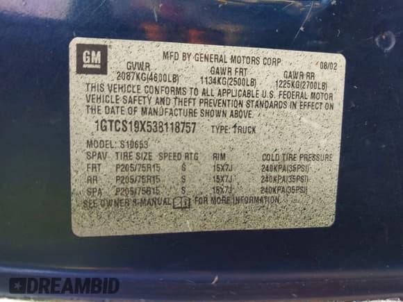✅ 2003 GMC Sonoma SLS • VIN: 1GTCS19X538118757 • Lot: 41794576. Wystawiony na IAAI z przebiegiem 184 482 mil. Bezpłatny archiwum sprzedaży aukcyjnych z USA i szczegółowy raport historii pojazdu na DreamBid. Zdjęcie 9.