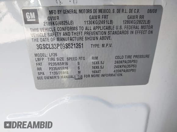 ✅ 2009 Saturn VUE XE • VIN: 3GSCL33P09S521261 • Lot: 43668052. Listed on IAAI with 94,026 mi. Free auction sales archive from the USA and detailed vehicle history report at DreamBid. Image 9.