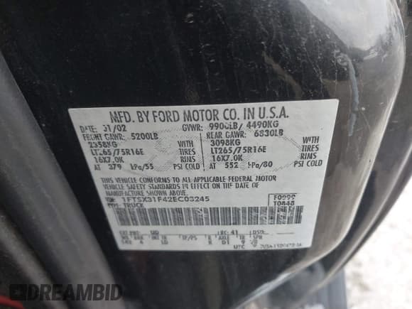 ✅ 2002 Ford F-350 XL • VIN: 1FTSX31F42EC03245 • Лот: 43865693. Опубликован ранее на IAAI с пробегом 191 682 миль. Бесплатный доступ к архиву аукционных продаж из США и подробный отчёт об истории автомобиля на DreamBid. Изображение 9.