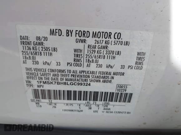 ✅ 2020 Ford Explorer • VIN: 1FMSK7BH8LGC99324 • Lot: 42379677. Listed on IAAI with 51,487 mi. Free auction sales archive from the USA and detailed vehicle history report at DreamBid. Image 9.