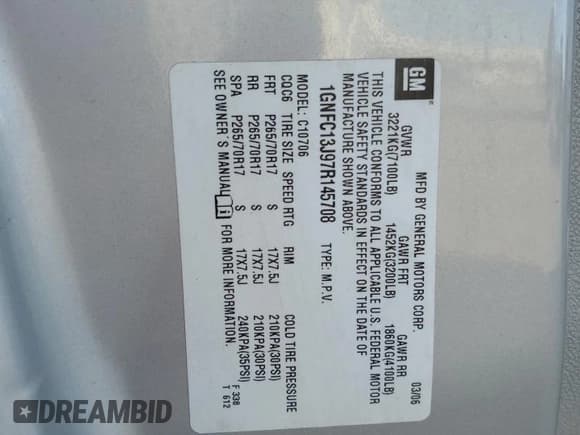 ✅ 2007 Chevrolet Tahoe LT • VIN: 1GNFC13J97R145708 • Lot: 93012635. Listed on Copart with Not provided. Free auction sales archive from the USA and detailed vehicle history report at DreamBid. Image 13.