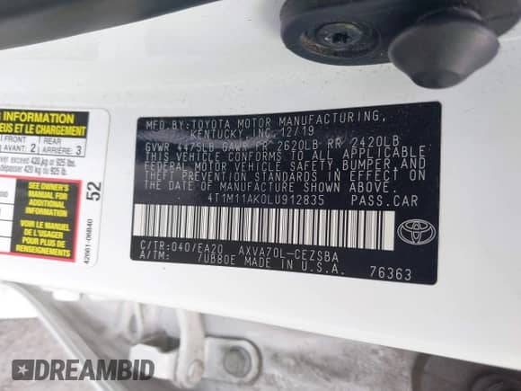 2020 Toyota Camry SE с VIN 4T1M11AK0LU912835, выставлен на аукционе IAAI как лот 43251116 с пробегом 107 726 миль миль и . История ставок и продаж доступна на DreamBid. Изображение 9.