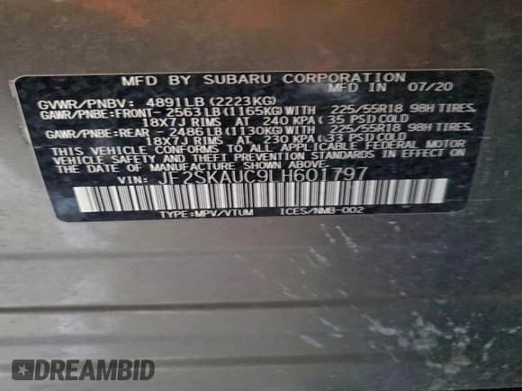 ✅ 2020 Subaru Forester Limited • VIN: JF2SKAUC9LH601797 • Lot: 94456575. Listed on Copart with 68,454 mi. Free auction sales archive from the USA and detailed vehicle history report at DreamBid. Image 13.