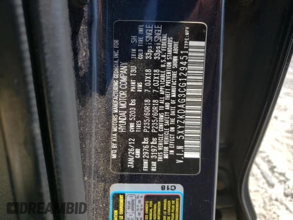 ✅ 2012 Hyundai Santa Fe Limited • VIN: 5XYZKDAG3CG129451 • Lot: 60146344. Listed on Copart with 133,165 mi. Free auction sales archive from the USA and detailed vehicle history report at DreamBid. Image 13.