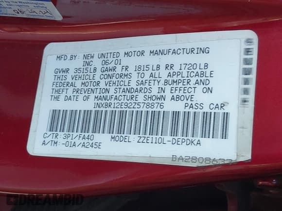 ✅ 2002 Toyota Corolla CE • VIN: 1NXBR12E92Z578876 • Lot: 43448792. Listed on IAAI with 178,829 mi. Free auction sales archive from the USA and detailed vehicle history report at DreamBid. Image 9.