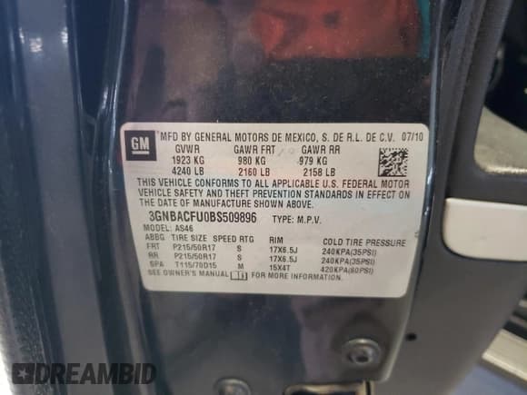 ✅ 2011 Chevrolet HHR 2LT • VIN: 3GNBACFU0BS509896 • Lot: 68526164. Listed on Copart with 227,639 mi. Free auction sales archive from the USA and detailed vehicle history report at DreamBid. Image 15.