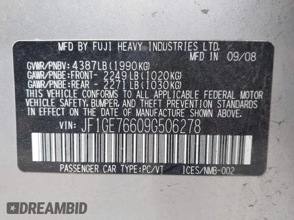 ✅ 2009 Subaru WRX w/Premium Pkg • VIN: JF1GE76609G506278 • Lot: 42435344. Listed on IAAI with Not provided. Free auction sales archive from the USA and detailed vehicle history report at DreamBid. Image 9.