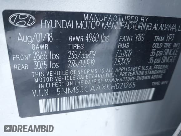 ✅ 2019 Hyundai Santa Fe Limited • VIN: 5NMS5CAAXKH021265 • Лот: 40962986. Опубликован ранее на IAAI с пробегом 60 660 миль. Бесплатный доступ к архиву аукционных продаж из США и подробный отчёт об истории автомобиля на DreamBid. Изображение 9.