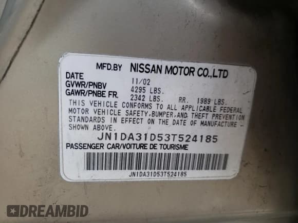 ✅ 2003 Nissan Maxima SE • VIN: JN1DA31D53T524185 • Lot: 80639245. Listed on Copart with 237,584 mi. Free auction sales archive from the USA and detailed vehicle history report at DreamBid. Image 12.