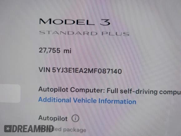 ✅ 2021 Tesla Model 3 Standard Range Plus • VIN: 5YJ3E1EA2MF087140 • Lot: 41689033. Wystawiony na IAAI z przebiegiem 27 755 mil. Bezpłatny archiwum sprzedaży aukcyjnych z USA i szczegółowy raport historii pojazdu na DreamBid. Zdjęcie 9.