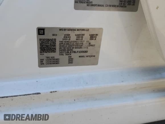 ✅ 2020 GMC Sierra 1500 • VIN: 1GT18LE78LF130680 • Lot: 59282164. Listed on Copart with 70,179 mi. Free auction sales archive from the USA and detailed vehicle history report at DreamBid. Image 12.