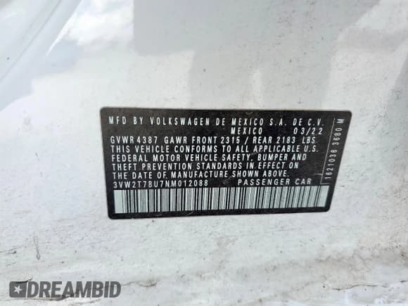 ✅ 2022 Volkswagen Jetta Autobahn • VIN: 3VW2T7BU7NM012088 • Lot: 66668125. Listed on Copart with 35,490 mi. Free auction sales archive from the USA and detailed vehicle history report at DreamBid. Image 13.