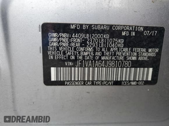 ✅ 2018 Subaru WRX • VIN: JF1VA1A64J9810780 • Lot: 85395625. Listed on Copart with 17,729 mi. Free auction sales archive from the USA and detailed vehicle history report at DreamBid. Image 12.