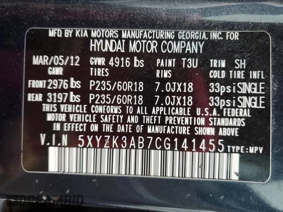 2012 Hyundai Santa Fe Limited с VIN 5XYZK3AB7CG141455, выставлен на аукционе Copart как лот 75635924 с пробегом 122 165 миль миль и Списание • Salvage title. История ставок и продаж доступна на DreamBid. Изображение 13.