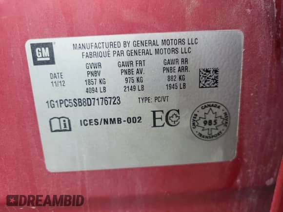 2013 Chevrolet Cruze 1LT with VIN 1G1PC5SB8D7176723, listed as a Copart auction lot 85150835 with 221,524 mi miles and Non repairable. Bid and sale history available at DreamBid. Image 12.