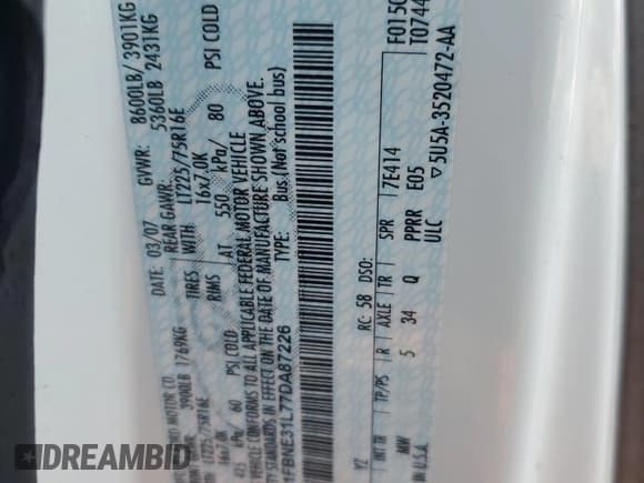 ✅ 2007 Ford Econoline Passenger XL • VIN: 1FBNE31L77DA87226 • Lot: 90899945. Listed on Copart with 91,041 mi. Free auction sales archive from the USA and detailed vehicle history report at DreamBid. Image 13.