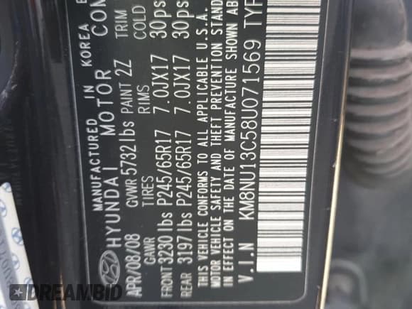 ✅ 2008 Hyundai Veracruz GLS • VIN: KM8NU13C58U071569 • Lot: 82136885. Listed on Copart with 195,982 mi. Free auction sales archive from the USA and detailed vehicle history report at DreamBid. Image 13.