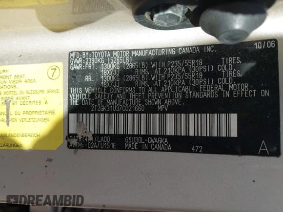 ✅ 2007 Lexus RX 350 • VIN: 2T2GK31U37C021660 • Lot: 43647343. Wystawiony na IAAI z przebiegiem 347 959 mil. Bezpłatny archiwum sprzedaży aukcyjnych z USA i szczegółowy raport historii pojazdu na DreamBid. Zdjęcie 9.