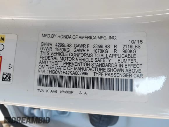 ✅ 2019 Honda Accord EX • VIN: 1HGCV1F42KA003995 • Lot: 43603387. Listed on IAAI with 165,052 mi. Free auction sales archive from the USA and detailed vehicle history report at DreamBid. Image 9.