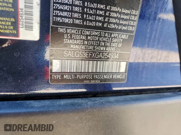 ✅ 2016 Land Rover Range Rover Supercharged • VIN: SALGS3EFXGA254934 • Lot: 96359405. Listed on Copart with 109,998 mi. Free auction sales archive from the USA and detailed vehicle history report at DreamBid. Image 13.