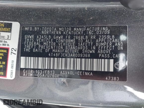 ✅ 2010 Toyota Camry LE • VIN: 4T4BF3EK3AR009368 • Lot: 43456544. Wystawiony na IAAI z przebiegiem 244 883 mil. Bezpłatny archiwum sprzedaży aukcyjnych z USA i szczegółowy raport historii pojazdu na DreamBid. Zdjęcie 9.