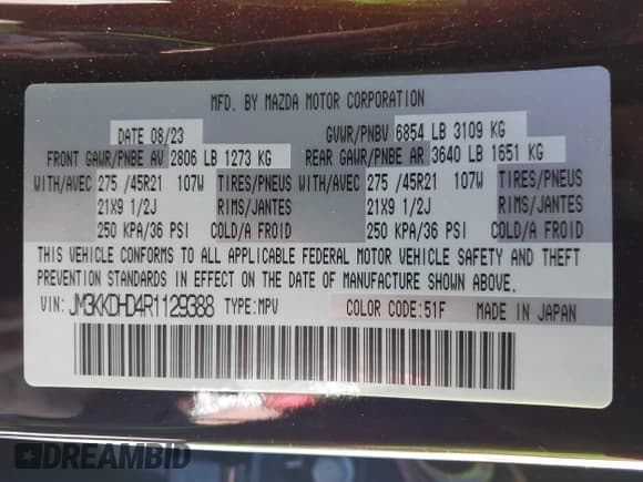 ✅ 2024 Mazda CX-90 Premium • VIN: JM3KKDHD4R1129388 • Lot: 43686488. Listed on IAAI with 17,638 mi. Free auction sales archive from the USA and detailed vehicle history report at DreamBid. Image 9.