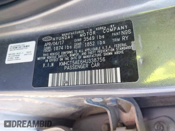 ✅ 2017 Hyundai Accent SE • VIN: KMHCT5AE6HU338756 • Lot: 42982023. Wystawiony na IAAI z przebiegiem 100 556 mil. Bezpłatny archiwum sprzedaży aukcyjnych z USA i szczegółowy raport historii pojazdu na DreamBid. Zdjęcie 9.