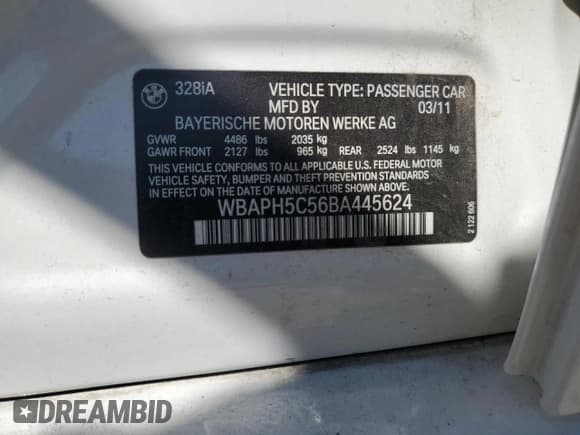 ✅ 2011 BMW 3 Series 328i • VIN: WBAPH5C56BA445624 • Лот: 54777105. Опубликован ранее на Copart с пробегом Не указан. Бесплатный доступ к архиву аукционных продаж из США и подробный отчёт об истории автомобиля на DreamBid. Изображение 13.